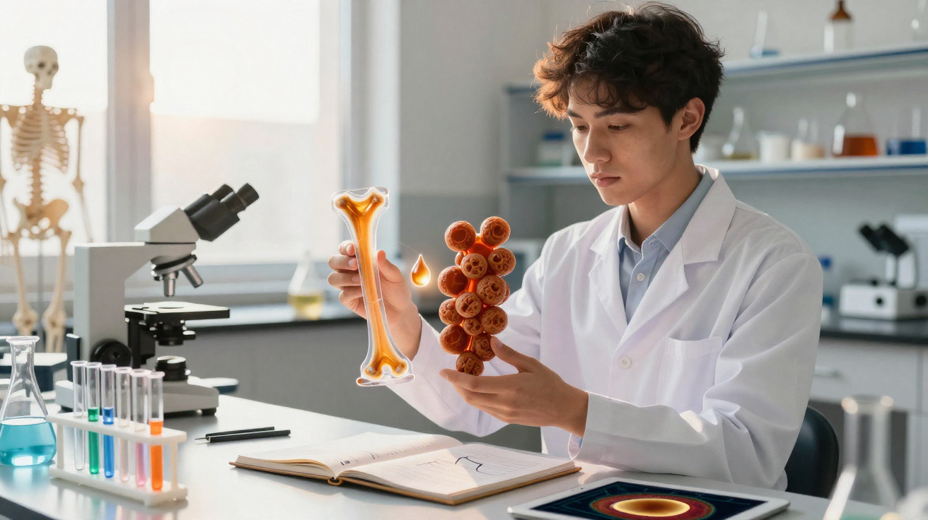 Jovem cientista em laboratório analisando modelo ósseo e moléculas com microscópio e tubos de ensaio ao fundo.