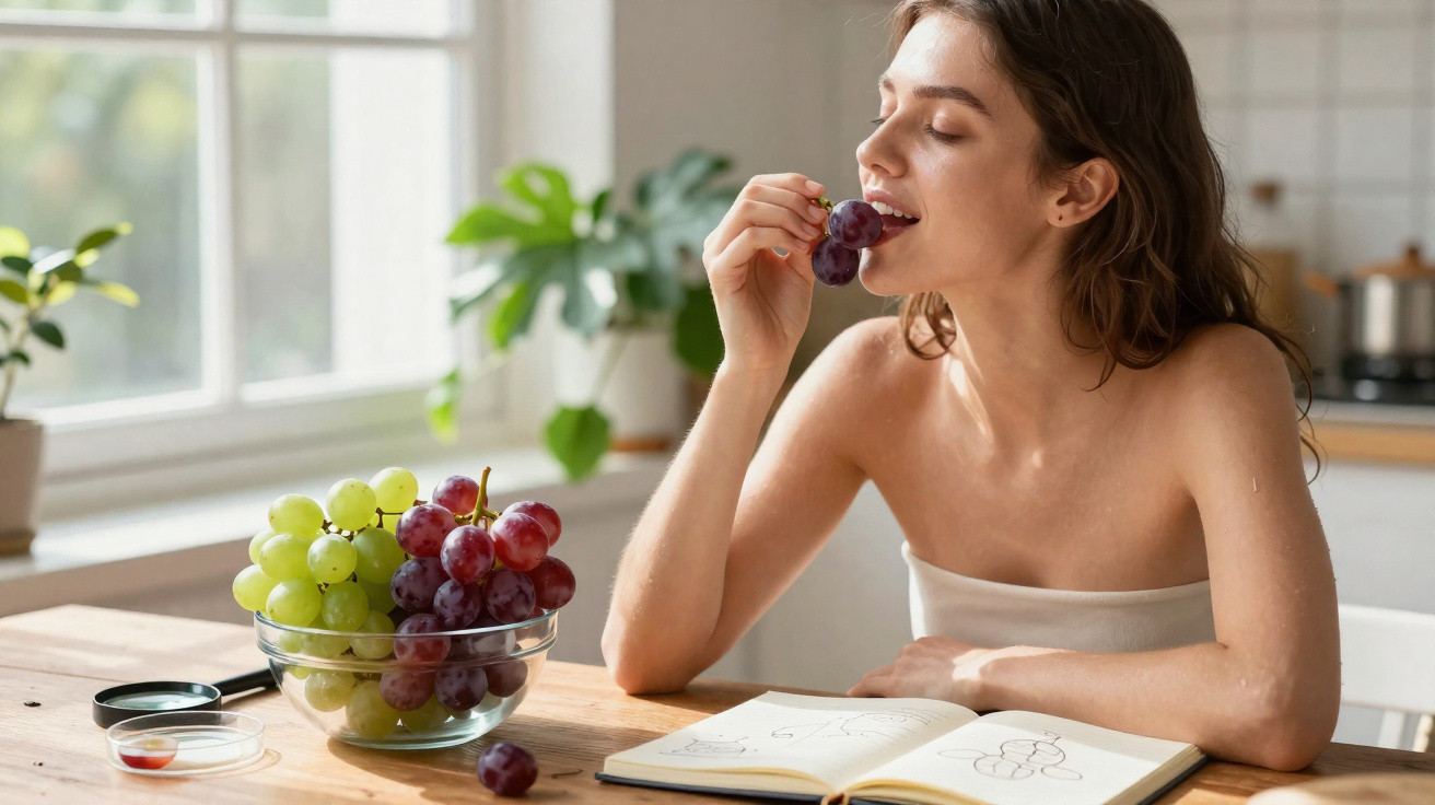 Mulher sentada à mesa com caderno aberto, comendo uvas roxas em ambiente iluminado e plantas ao fundo.