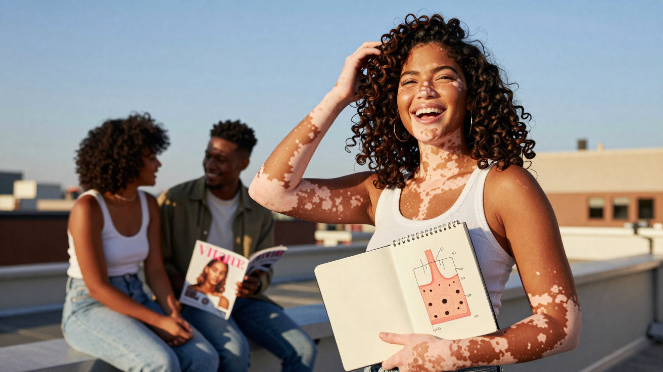 Mulher sorrindo com vitiligo segura caderno aberto com ilustração enquanto dois jovens conversam ao fundo.