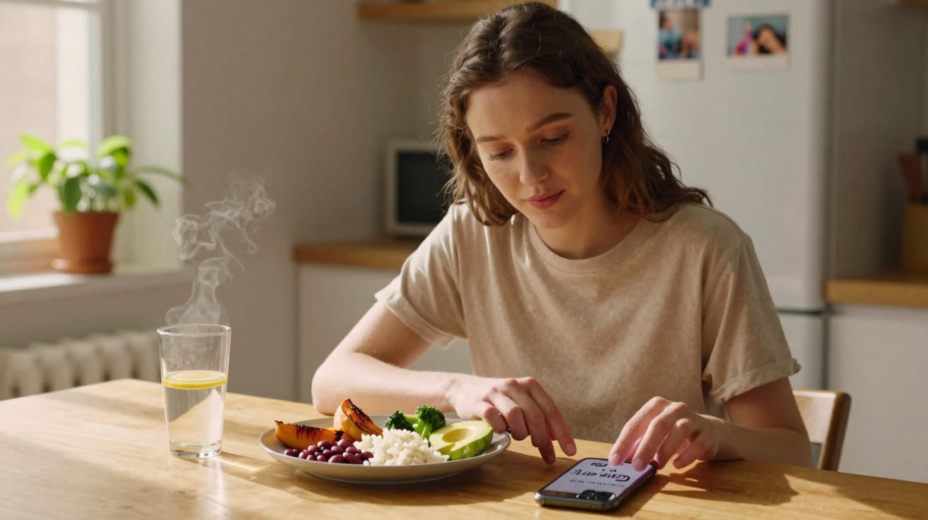 Mulher em camiseta bege usando celular à mesa com prato de comida saudável e copo de água com limão fumegante.