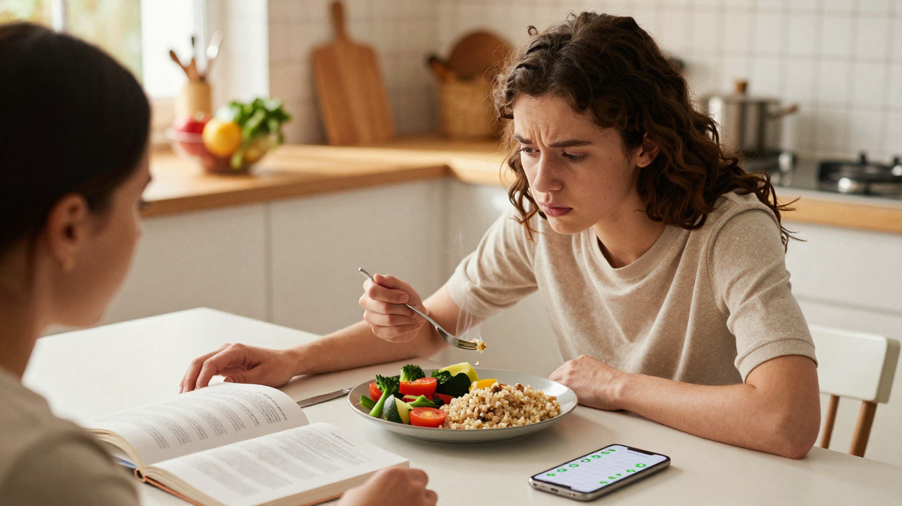 Mulher com expressão preocupada olhando para comida em um prato enquanto outra lê um livro à mesa.