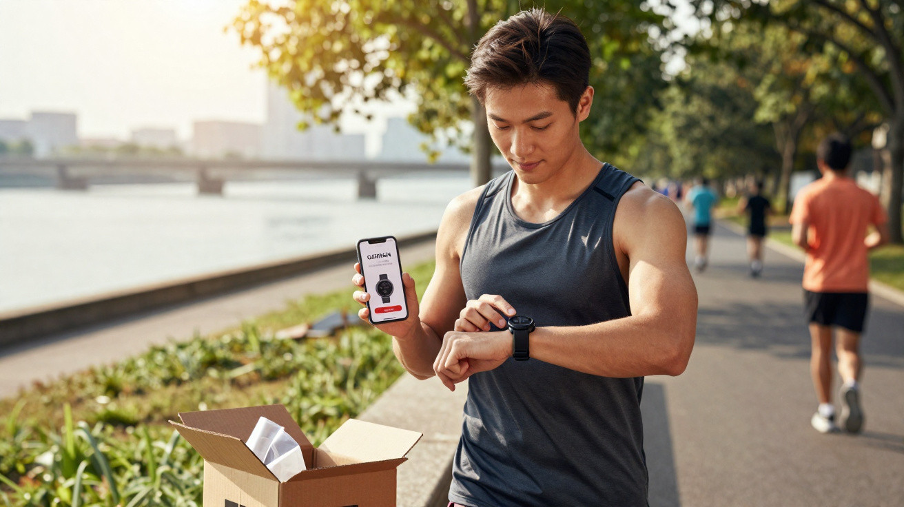 Homem em camiseta regata preta ajusta relógio inteligente e segura celular na mão próxima a caixa aberta.