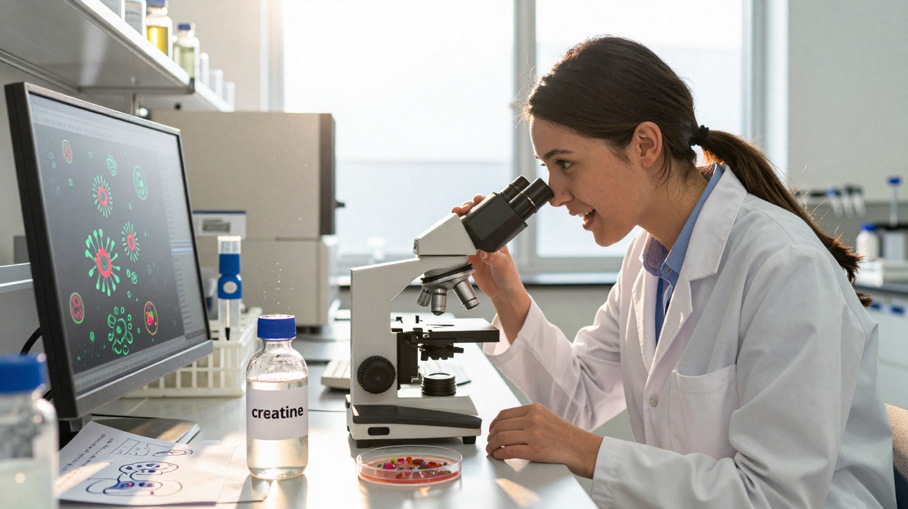 Mulher cientista em laboratório observando amostra no microscópio com monitor exibindo imagens científicas.