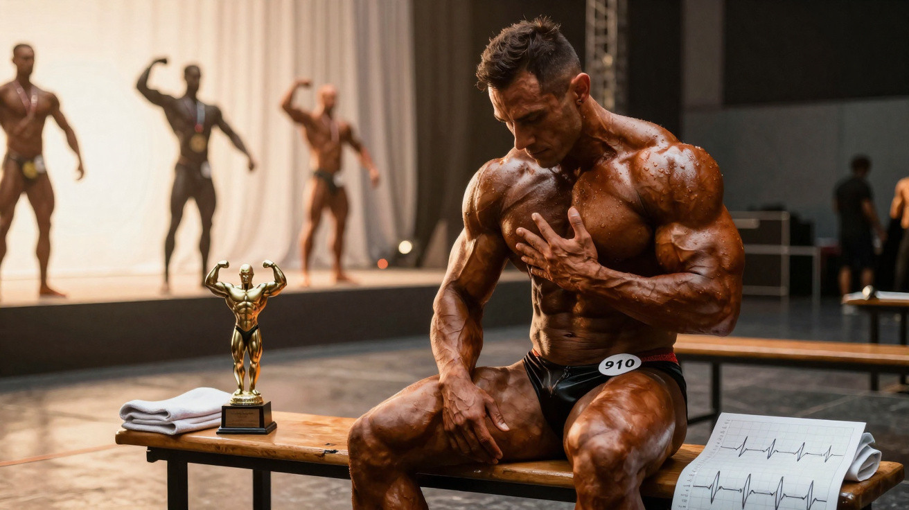 Bodybuilder sentado em banco com troféu ao lado, vestindo sunga, com músculos definidos e expressão pensativa.