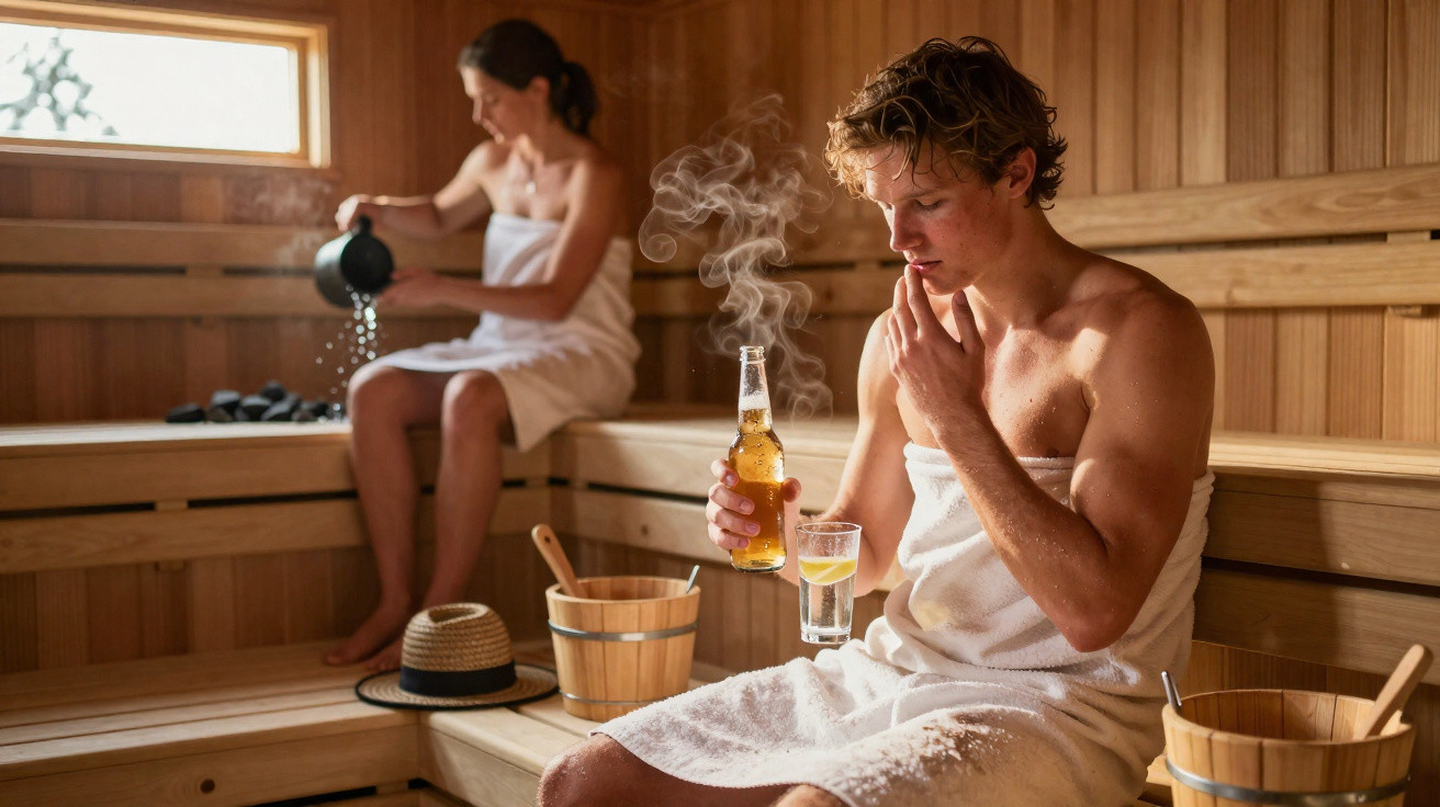 Homem e mulher em toalhas aproveitando sauna com bebidas e vapores em ambiente de madeira.