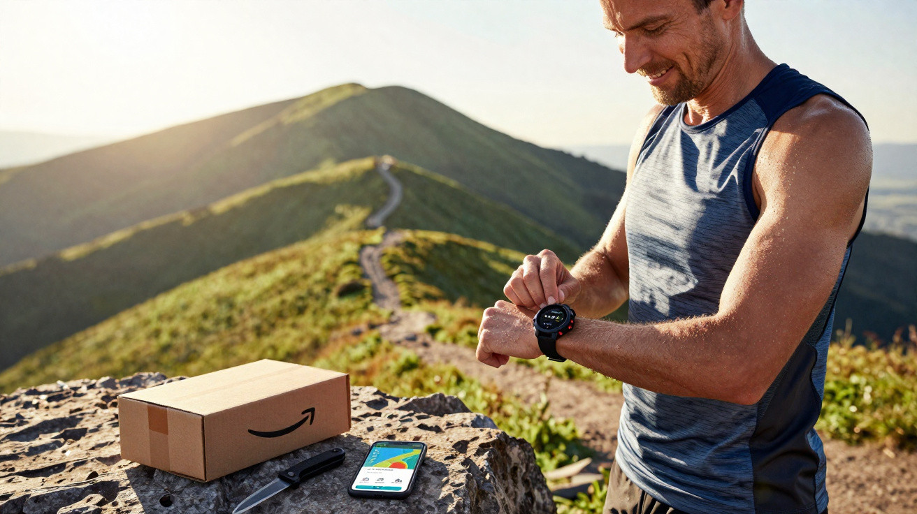 Homem em trilha na montanha verificando relógio fitness com caixa, faca e celular sobre pedra ao sol.