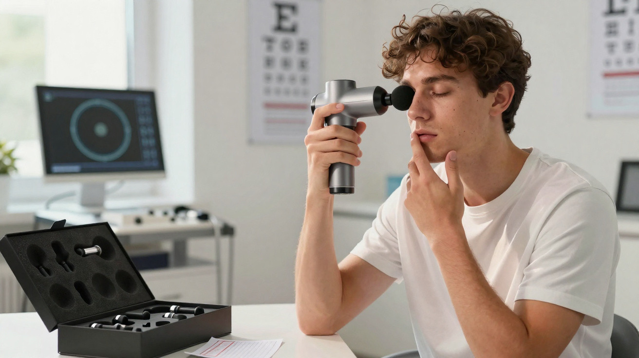 Homem usando dispositivo portátil para exame ocular em clínica oftalmológica.