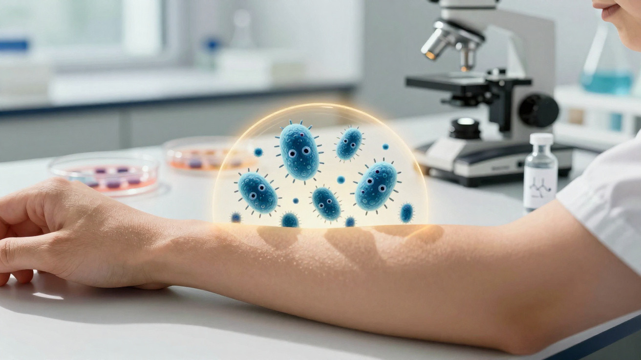 Braço humano com ilustração digital de bactérias azuis, microscópio e placas de petri ao fundo em laboratório.