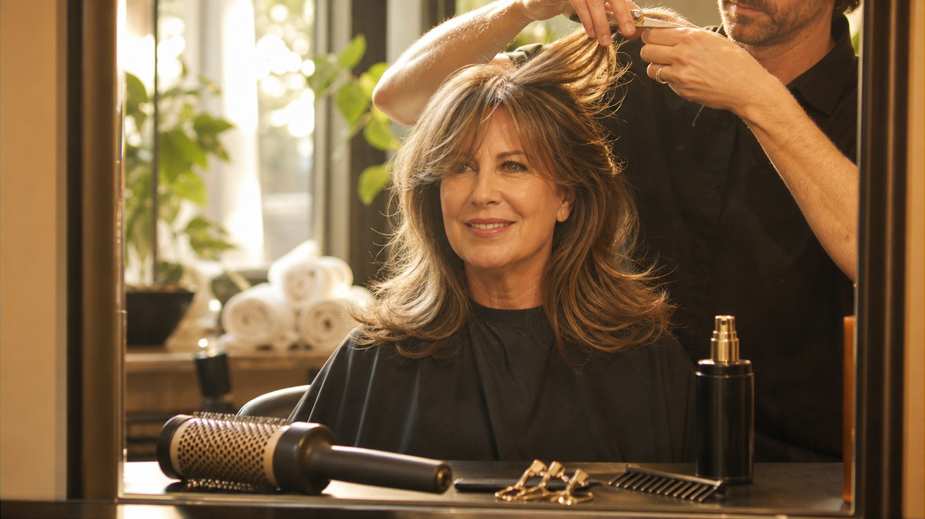 Mulher sorrindo enquanto penteia seu cabelo em salão de beleza com espelho e produtos de cabelo.