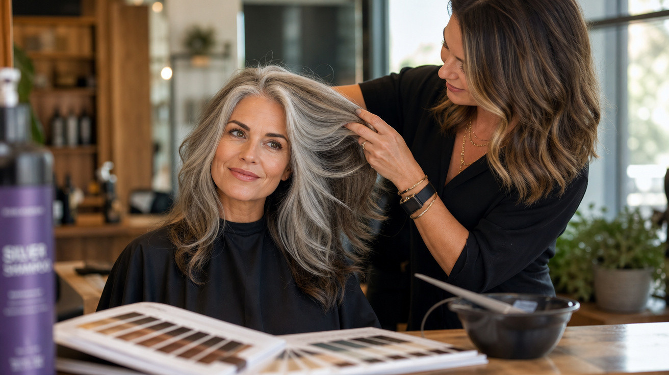 Mulher com cabelos grisalhos olha para espelho enquanto cabeleireira arruma seu cabelo em salão.