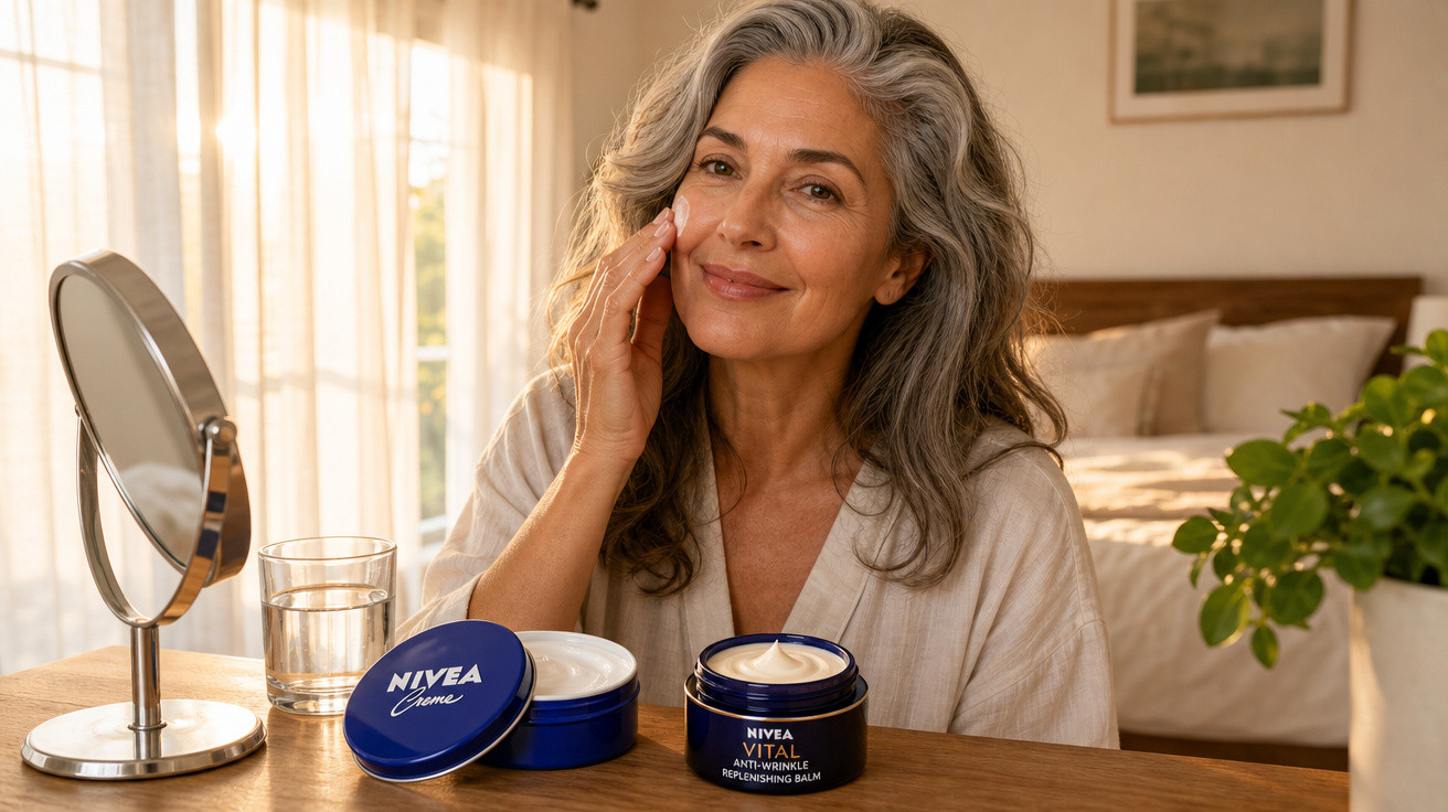 Mulher madura aplicando creme Nivea no rosto, sentada em mesa com espelho e planta ao fundo.