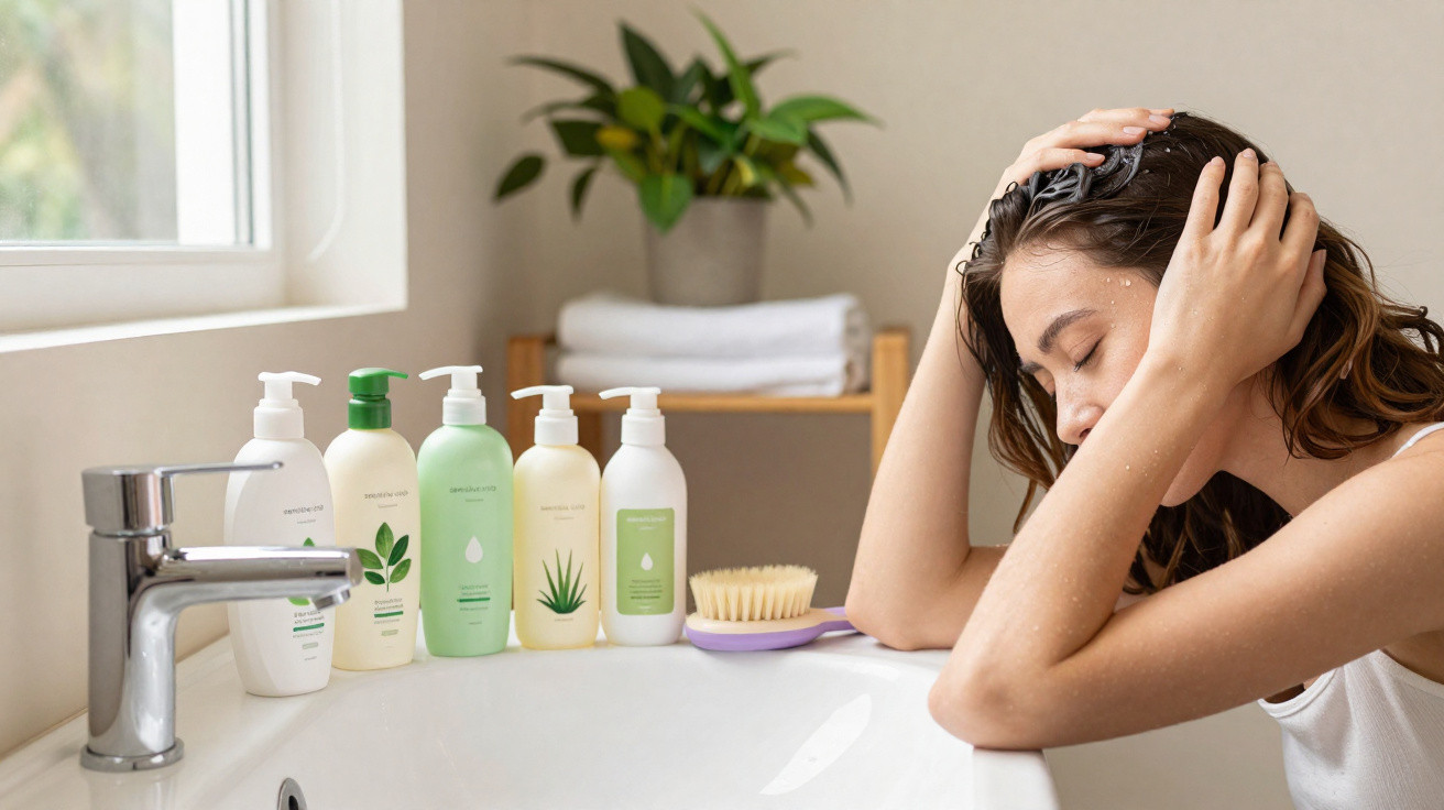Mulher lavando o cabelo sobre a pia do banheiro com vários frascos de produtos ao lado.