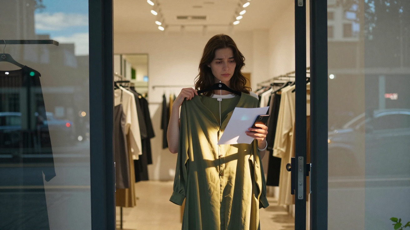 Mulher em loja de roupas segurando vestido verde e olhando documento com expressão pensativa.