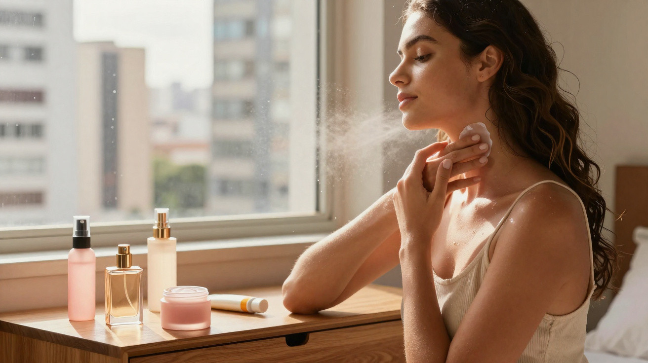 Mulher aplicando spray facial ao lado de produtos de beleza em móvel perto da janela.