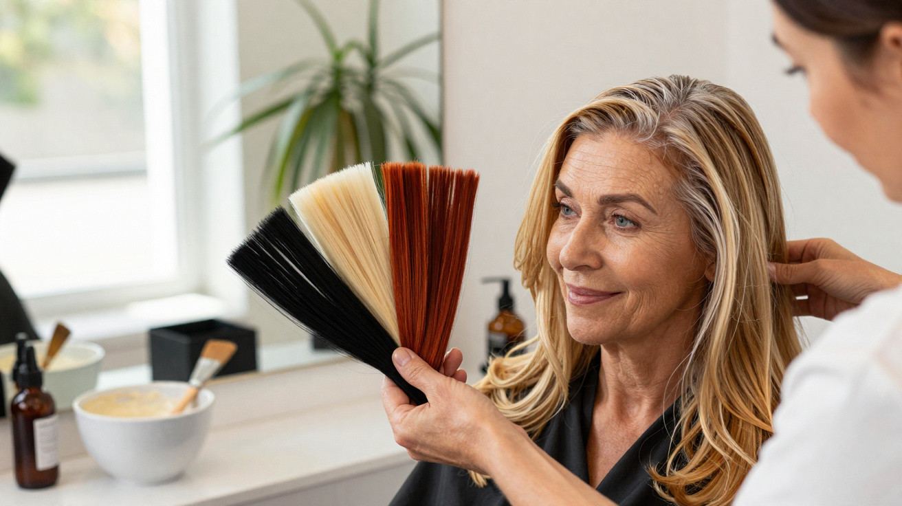 Mulher escolhendo cor de cabelo com profissional em salão de beleza iluminado e moderno.