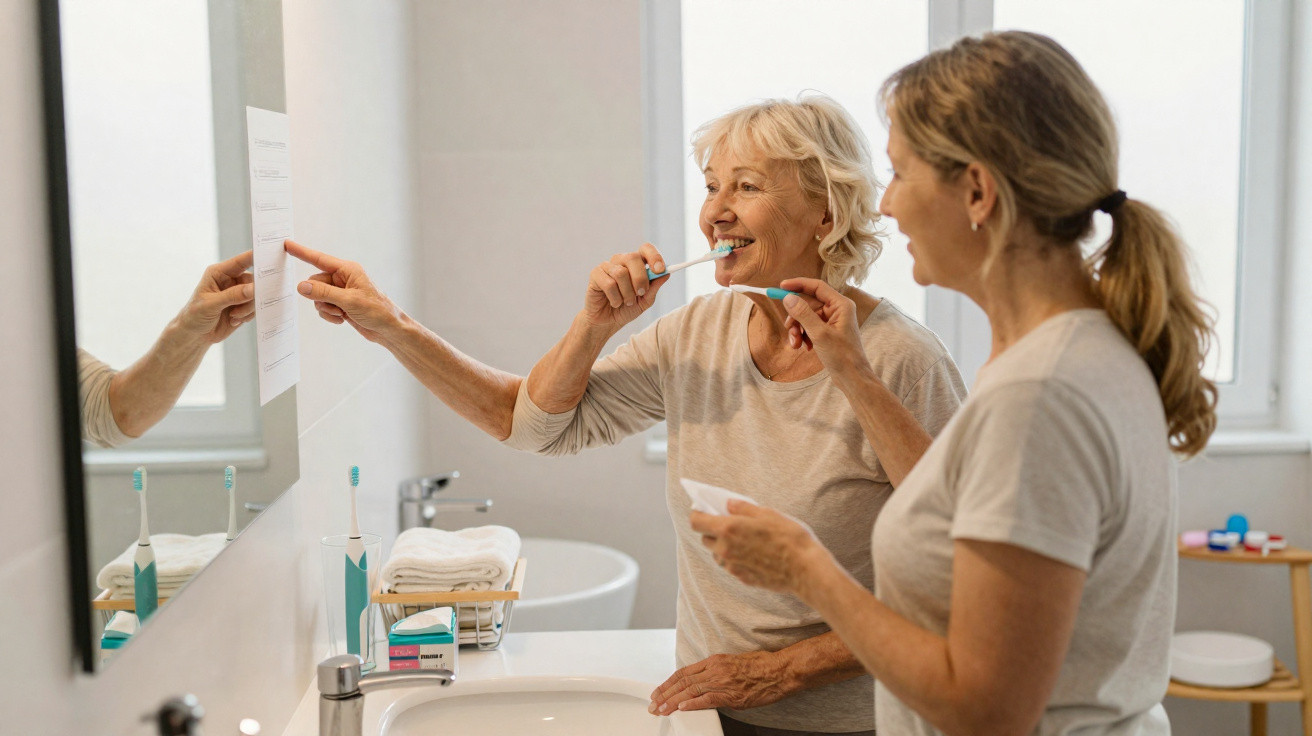Duas mulheres, uma idosa e outra adulta, escovando os dentes juntas em um banheiro.