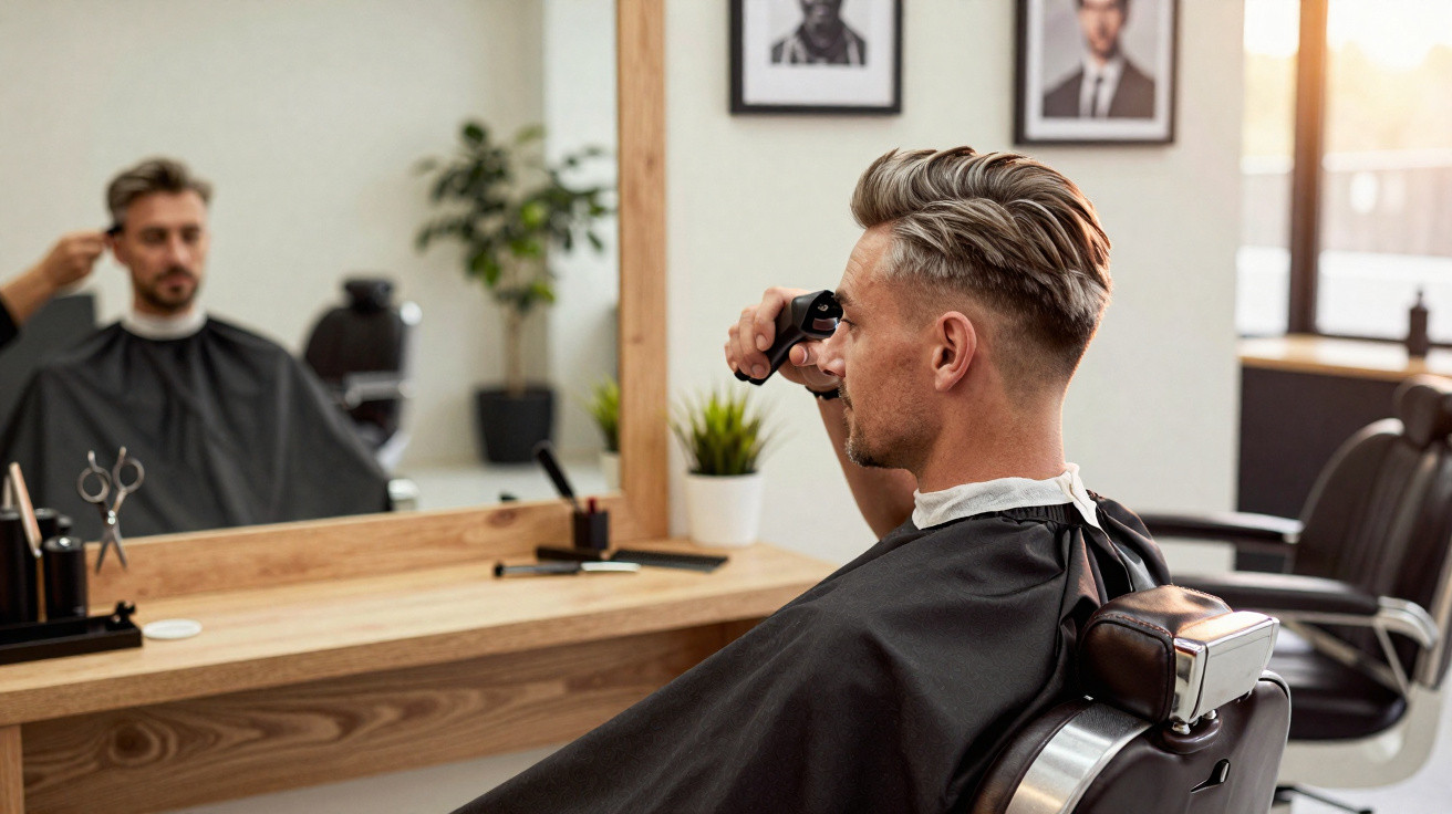 Homem sentado em cadeira de barbearia se olhando no espelho enquanto usa aparelho de barbear elétrica.