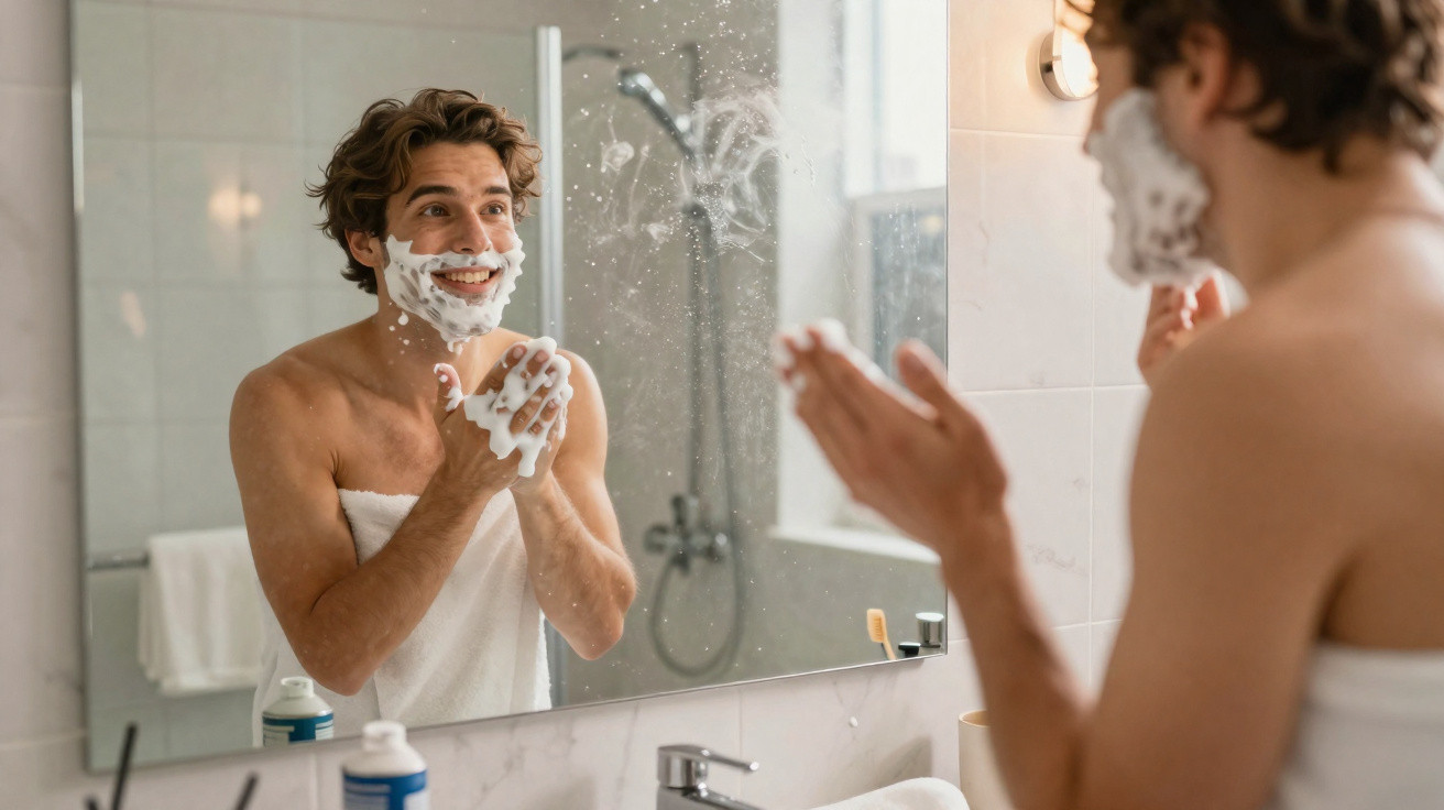 Homem sorrindo aplica espuma de barbear no rosto em frente ao espelho do banheiro.