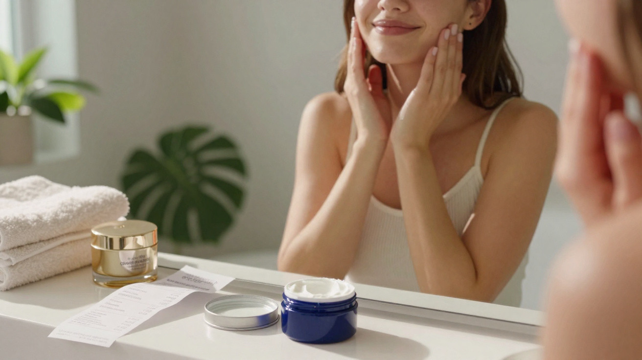Mulher aplicando creme facial, com potes de cosméticos sobre bancada em frente ao espelho.
