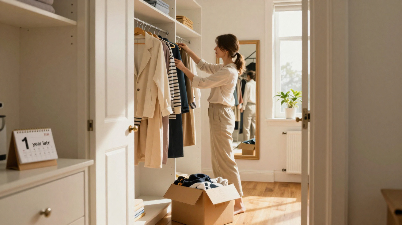 Mulher organizando roupas em closet iluminado por luz natural, com caixa e espelho ao fundo.