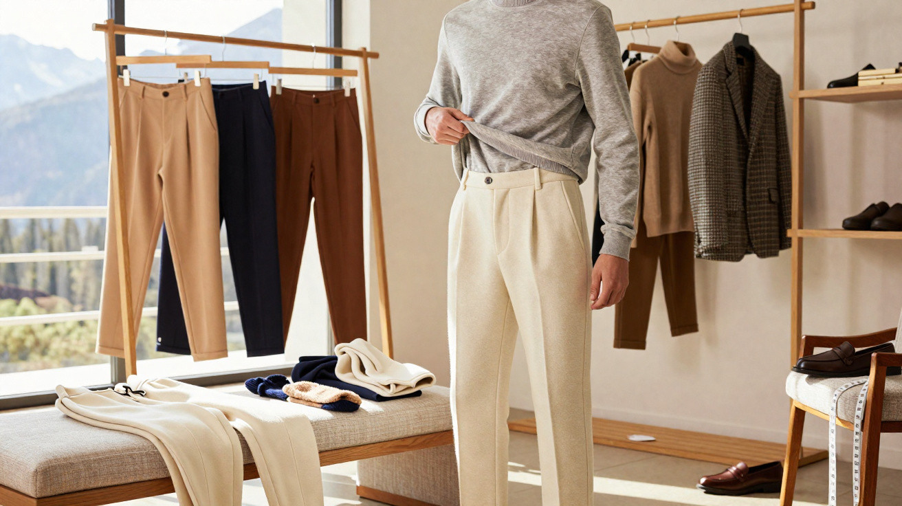 Pessoa veste calça clara e suéter cinza em sala clara com roupas penduradas e dobradas.