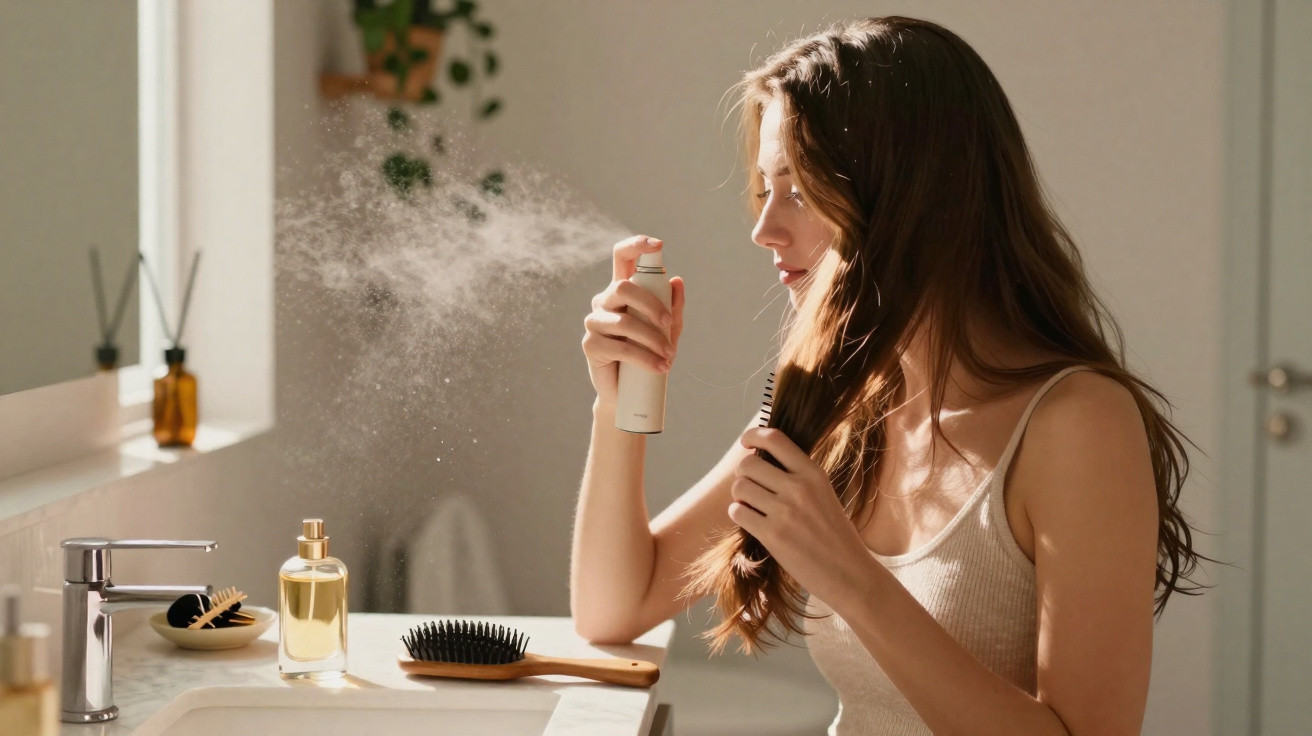 Mulher aplicando spray no cabelo enquanto se arruma em banheiro iluminado pela luz natural.