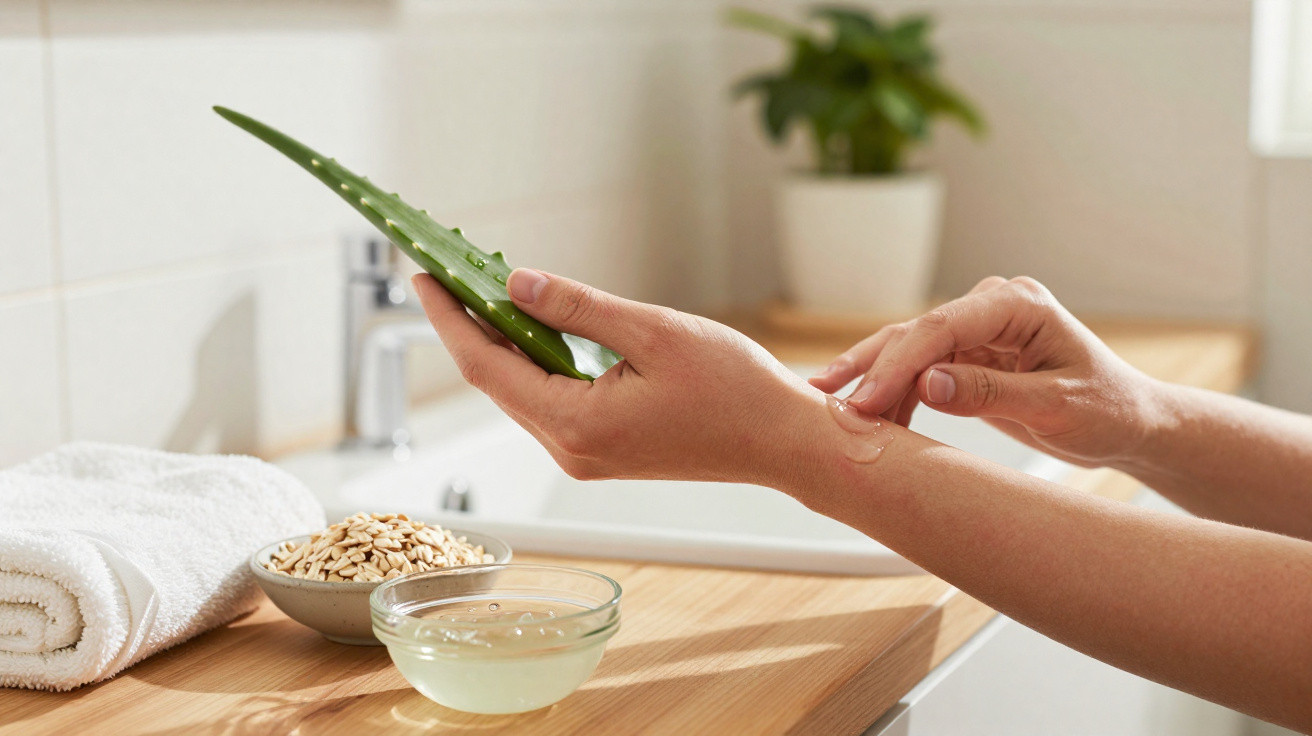 Pessoa aplicando gel de babosa na pele, ao lado de toalha, aveia e recipiente com gel, em banheiro.