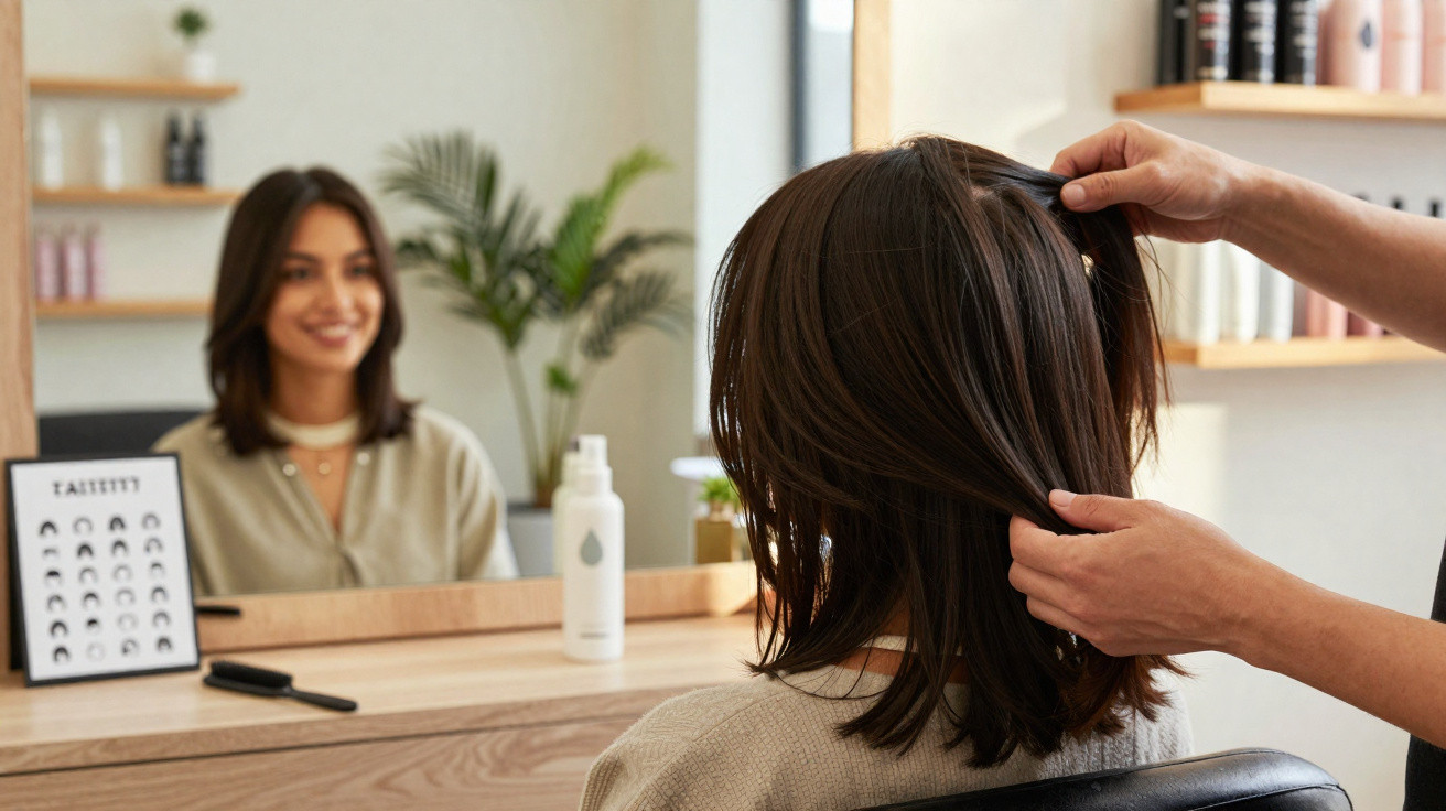 Mulher sentada em salão de beleza olhando no espelho enquanto cabeleireiro ajeita seu cabelo preto.