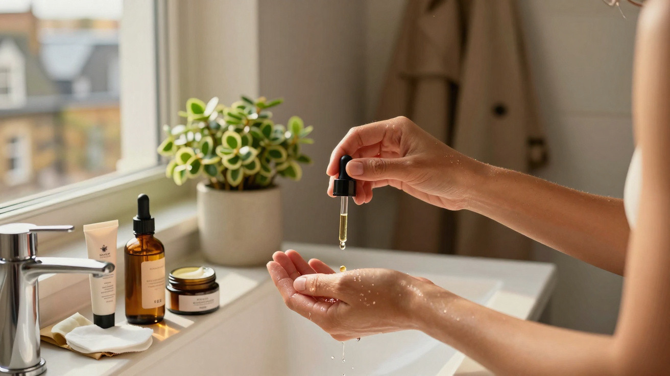 Pessoa aplicando sérum facial em um banheiro com produtos de skincare ao lado da pia.
