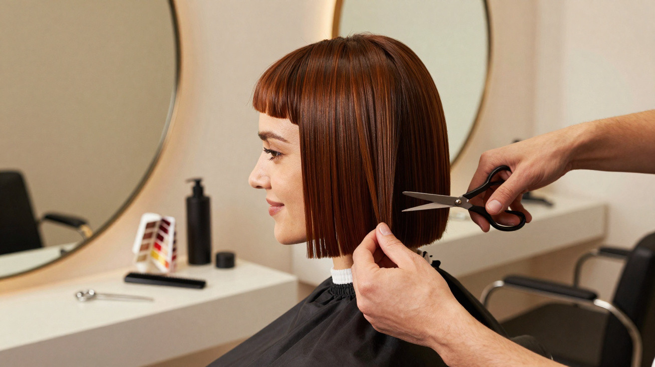 Mulher sorridente recebendo corte de cabelo reto em salão moderno com espelho circular ao fundo.