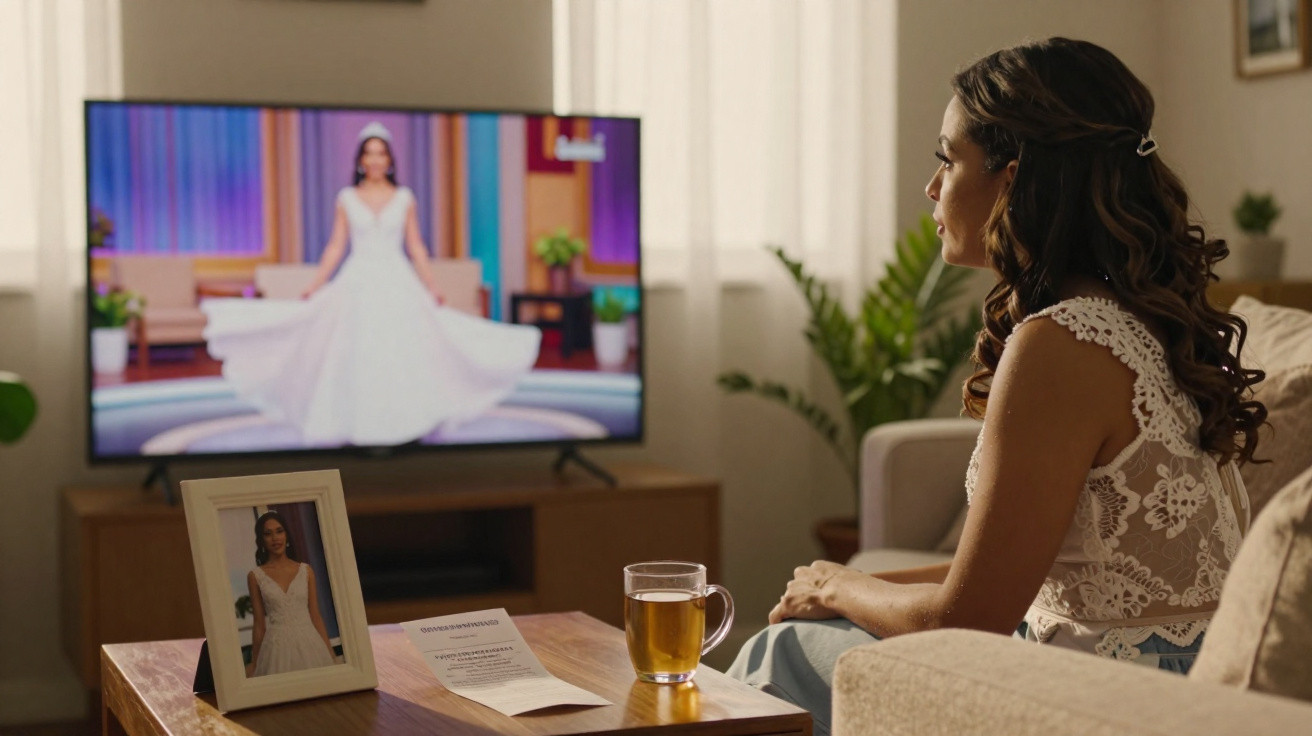 Mulher sentada no sofá assistindo desfile de vestido de noiva na TV, com foto dela em traje de noiva sobre a mesa.