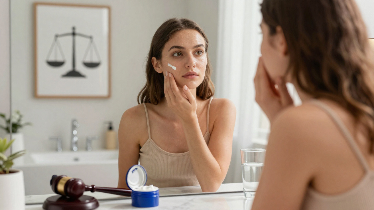 Mulher jovem aplicando creme facial, olhando no espelho em banheiro com martelo de juiz ao lado.