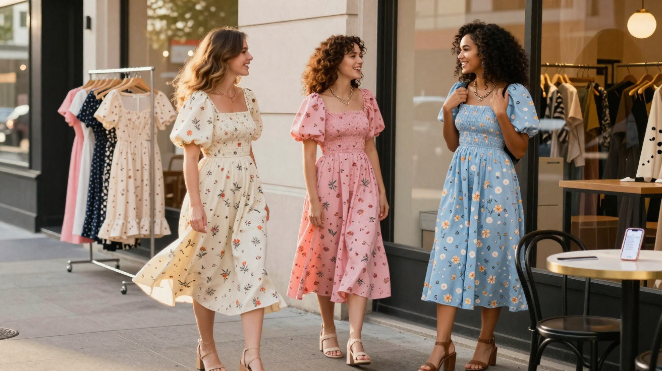 Três mulheres sorrindo e caminhando na calçada com vestidos florais coloridos em frente a loja de roupas.