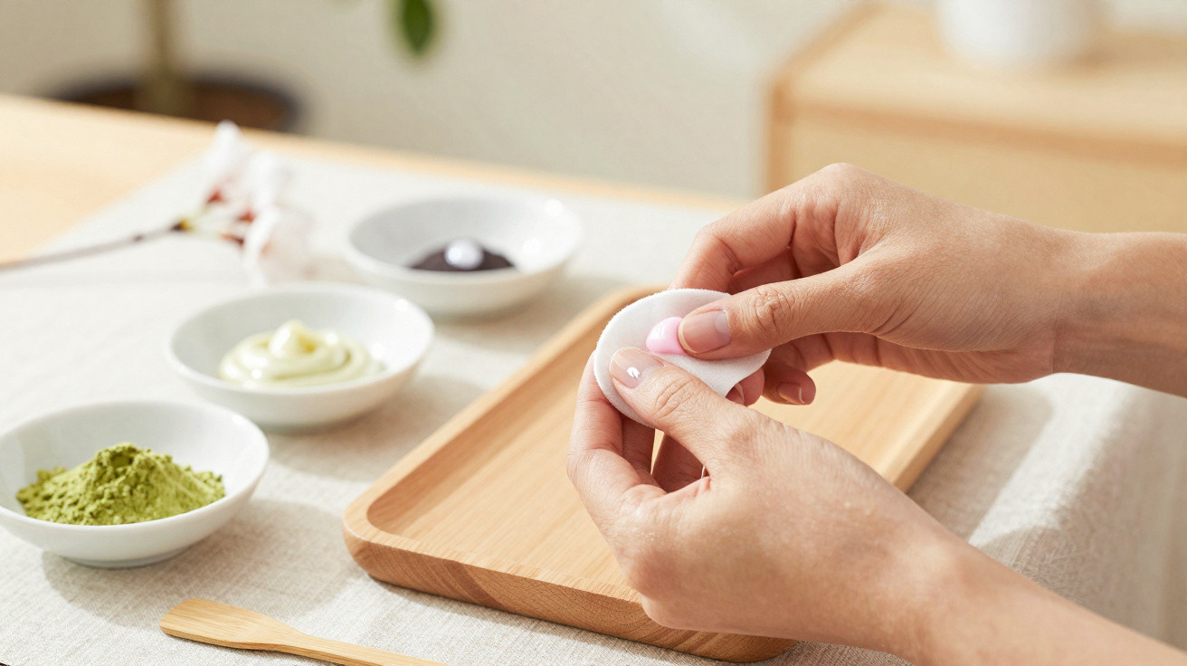 Mãos femininas aplicando creme rosa em disco de algodão com tigelas de argila, creme e máscara ao fundo.
