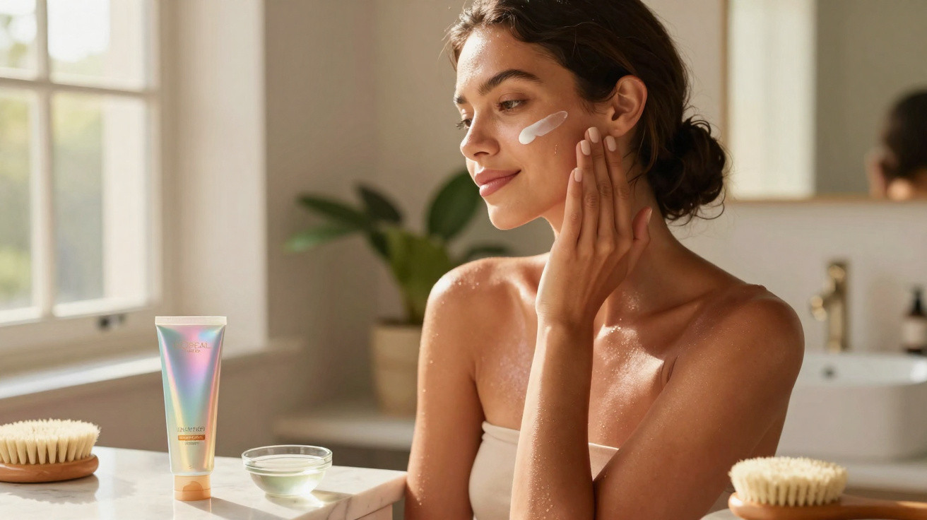 Mulher aplicando creme no rosto em banheiro iluminado com produto de cuidados na bancada.