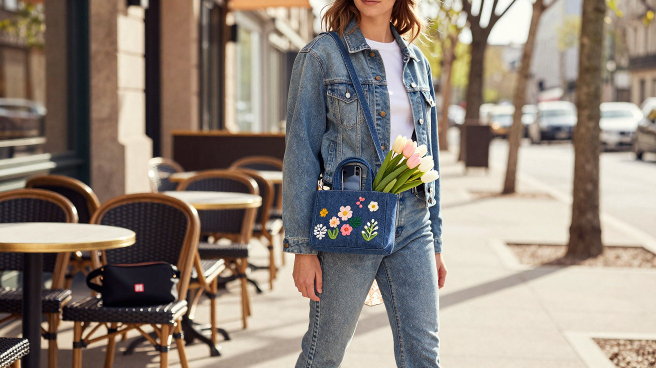 Mulher com jaqueta e calça jeans, bolsa azul com flores e buquê de tulipas caminhando na rua.