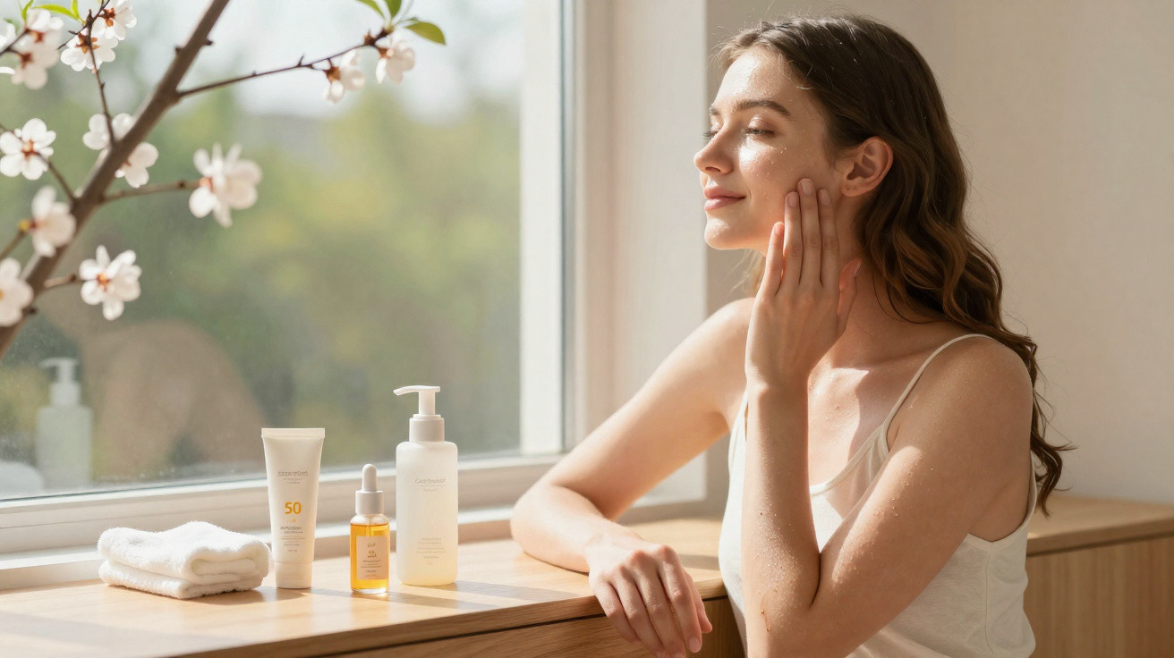 Mulher aplicando produtos de cuidados com a pele perto de janela com flores ao fundo em ambiente iluminado.