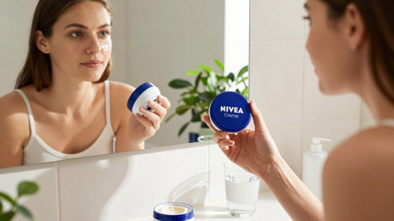 Mulher segurando pote de creme Nivea em frente ao espelho no banheiro, aplicando no rosto.