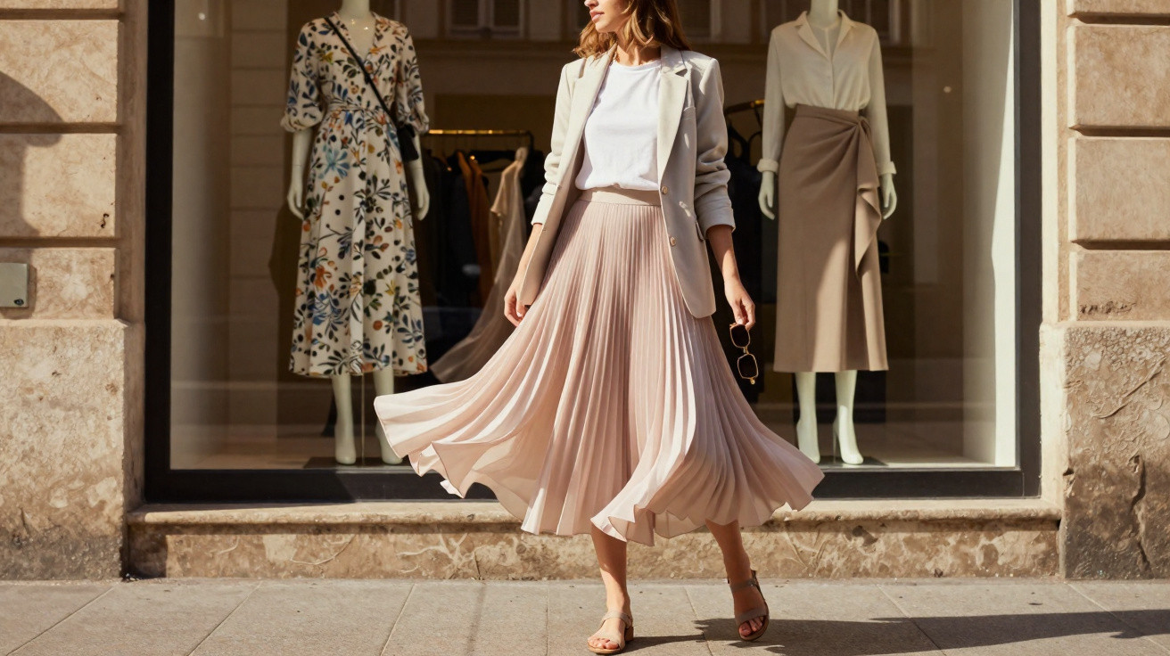 Mulher com saia plissada bege, blazer branco e camiseta branca em frente a vitrine de loja.