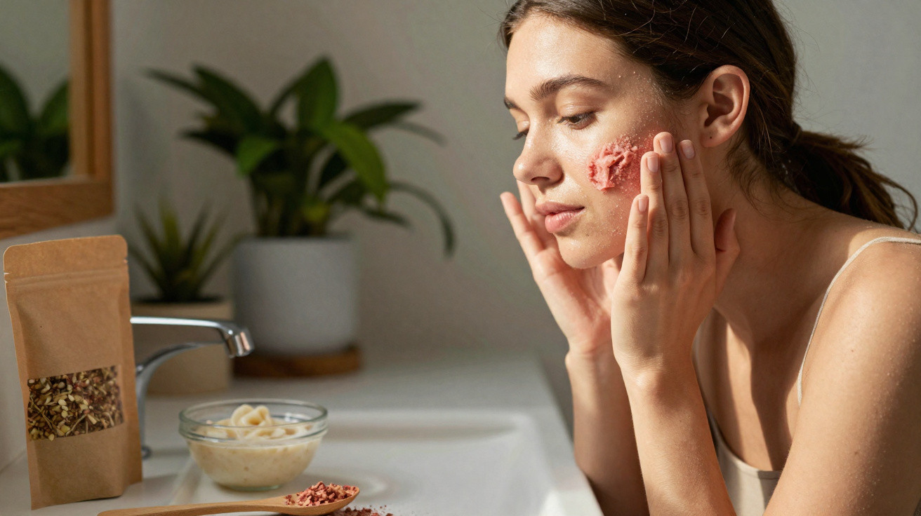 Mulher aplica esfoliante facial rosa enquanto está próxima à pia com produtos de cuidados na bancada.