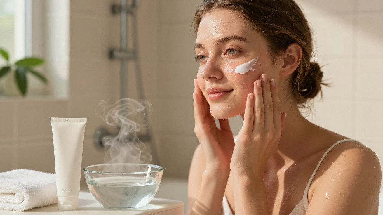 Mulher aplicando creme facial com vapor e produtos de cuidados com a pele em banheiro iluminado.