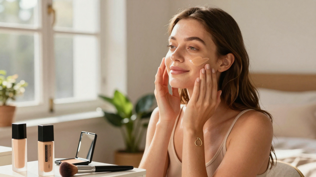 Mulher aplicando creme facial em ambiente iluminado, com produtos de maquiagem sobre a mesa.