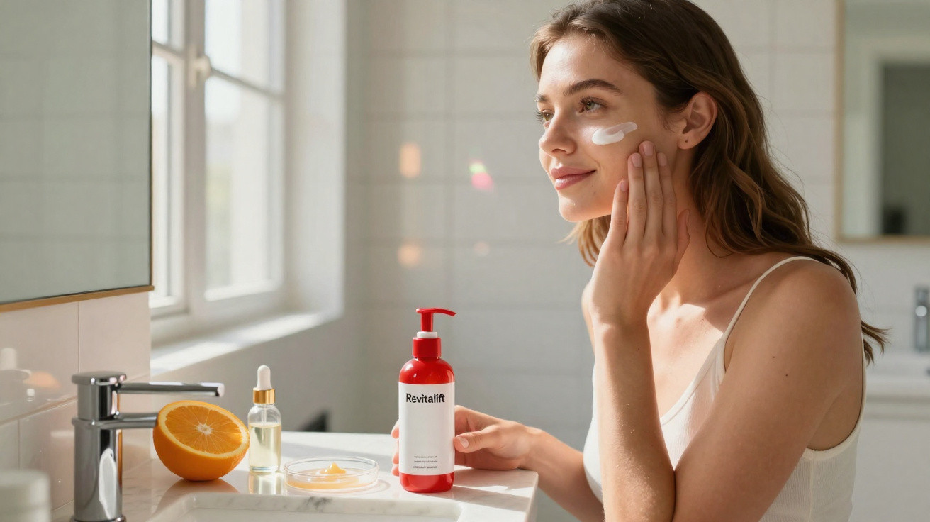 Mulher aplicando creme facial em banheiro com produtos e meio limão na bancada.