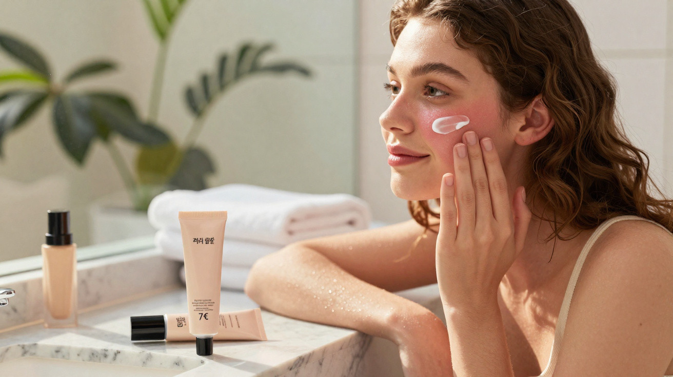 Mulher aplicando creme no rosto em banheiro com produtos de skincare sobre pia.