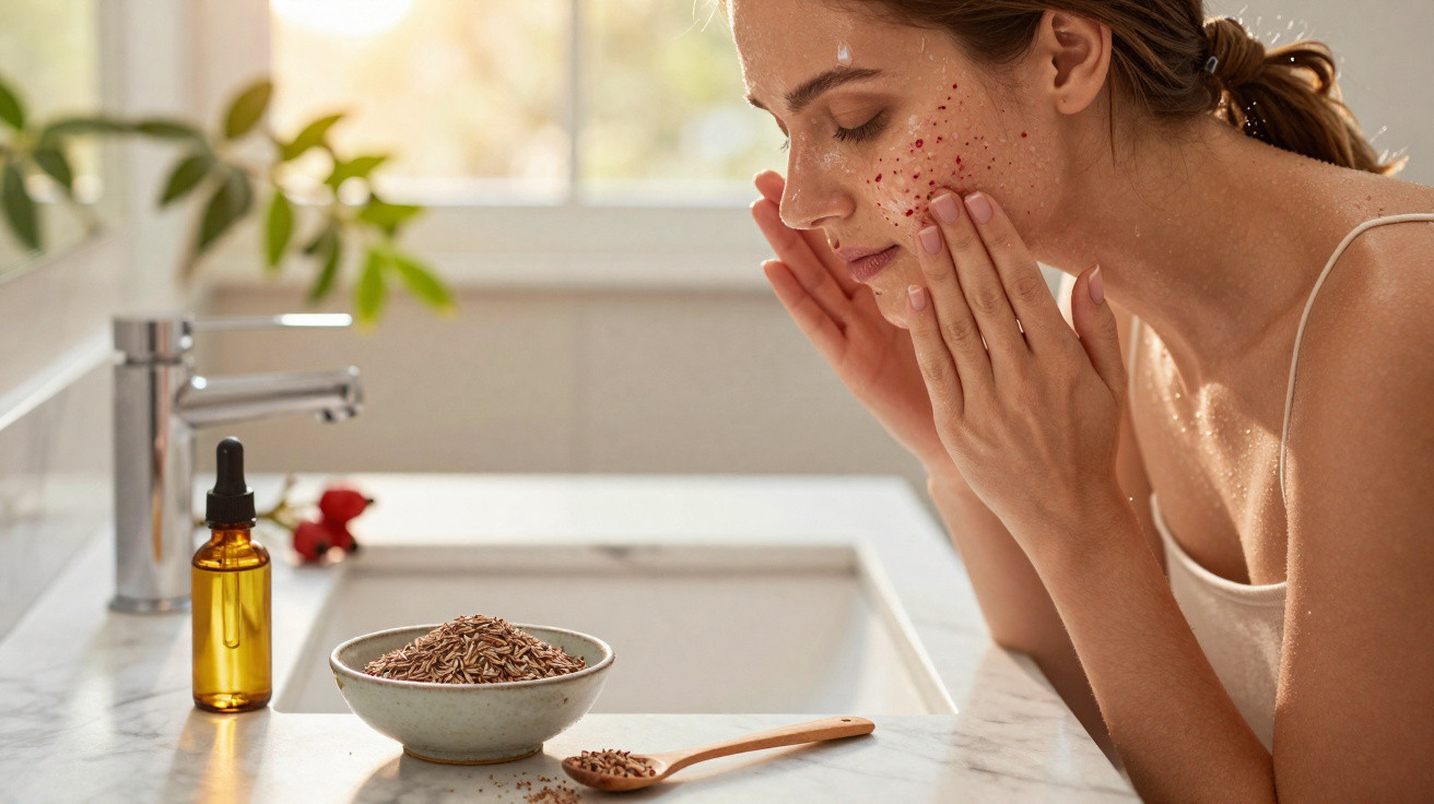 Mulher aplicando esfoliante facial natural em casa, ao lado de tigela com sementes e frasco de óleo.