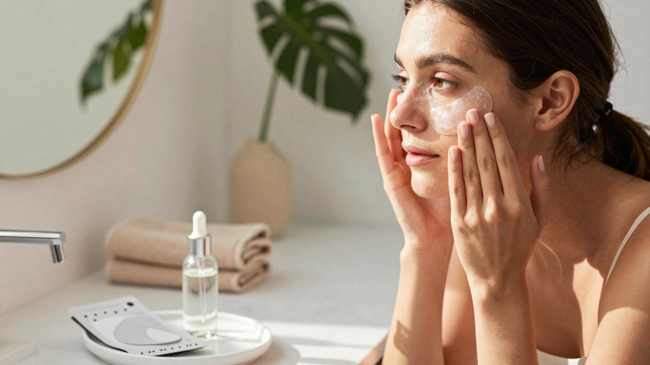 Mulher aplicando creme facial em ambiente claro com toalhas, espelho e gota de produto no balcão.