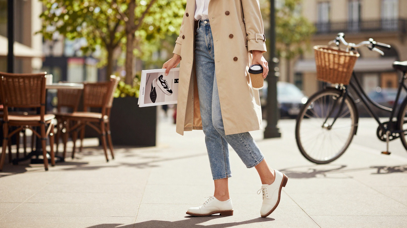 Pessoa vestindo casaco bege, calça jeans e sapatos brancos, segurando café e revista na rua.