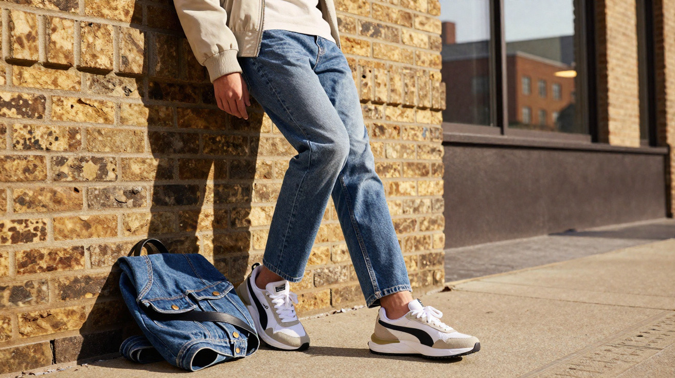 Pessoa encostada em parede de tijolos, vestindo jeans e tênis, ao lado de jaqueta jeans no chão.