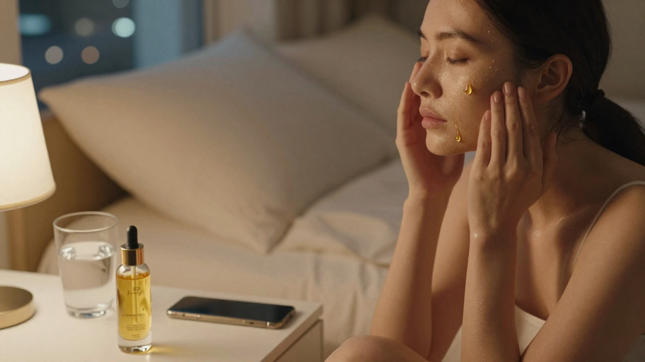 Mulher aplica sérum facial dourado no rosto sentada ao lado de cama com abajur e celular no quarto.