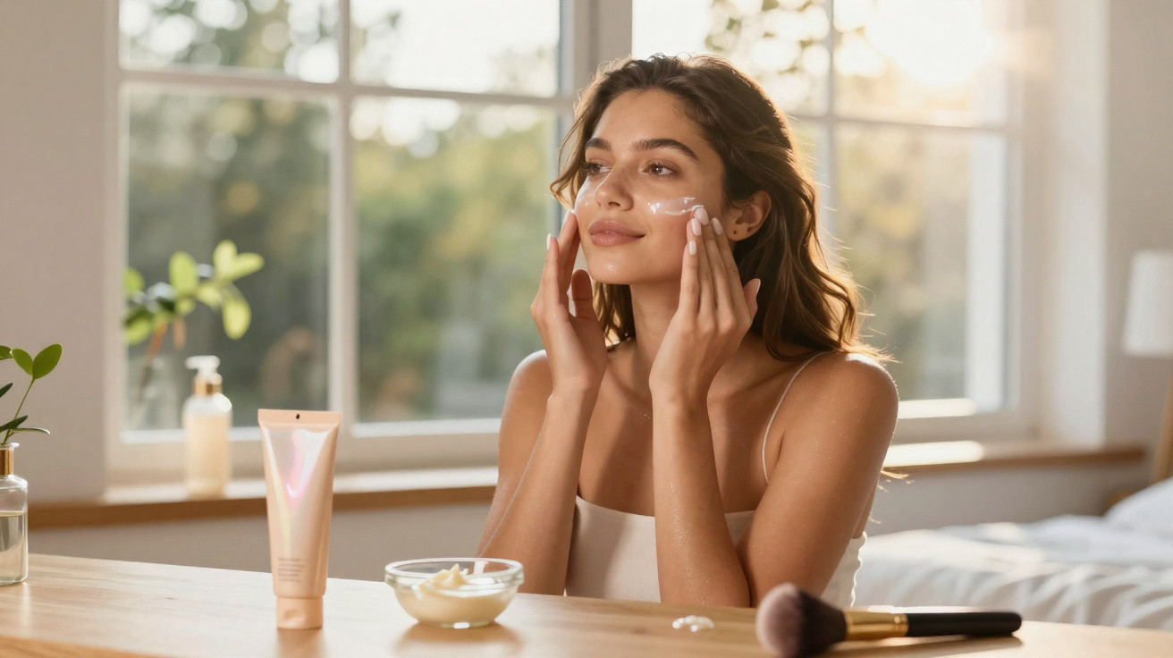 Mulher aplicando creme facial sentada à mesa com produtos de beleza em ambiente iluminado.